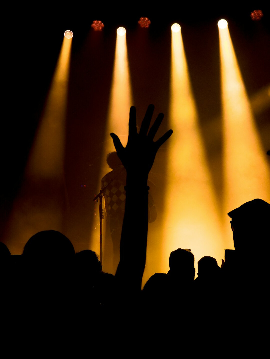 Concert stage with warm lights and a silhouetted audience