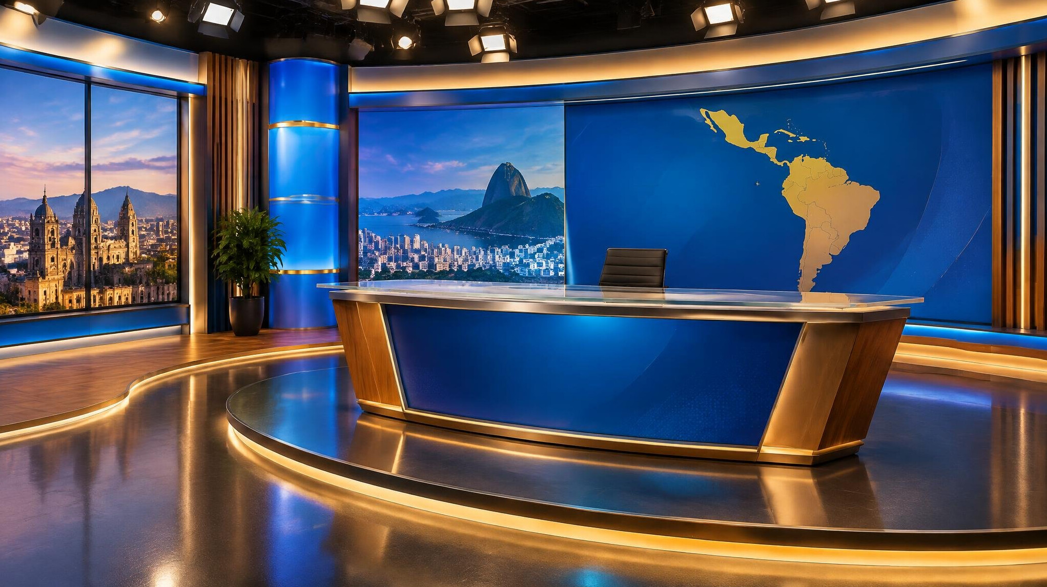 Empty television studio set with soft lights and a presenter desk
